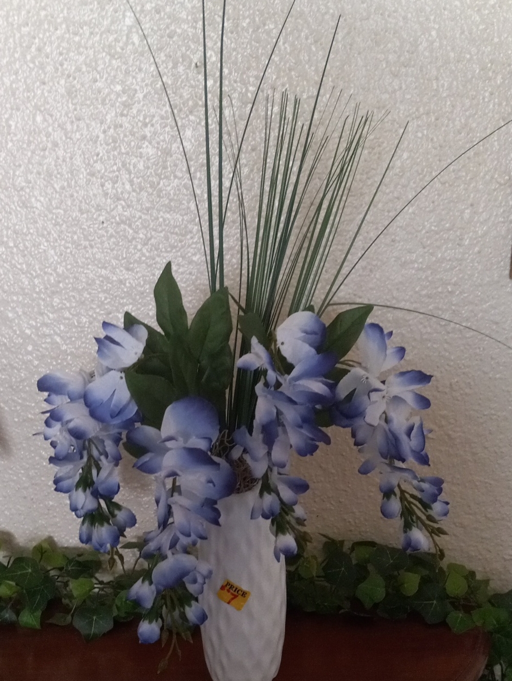 Blue Artificial Wisteria Floral Arrangement in White Vase